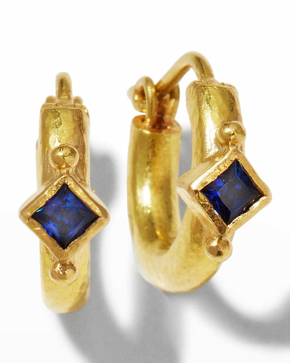 19K Baby Hammered Hoop Earrings with Blue Sapphires